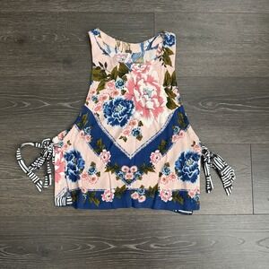 Free People This Sweet Love Pink Blue Floral Bandana Tank Side Ties Sz XS Boho‎